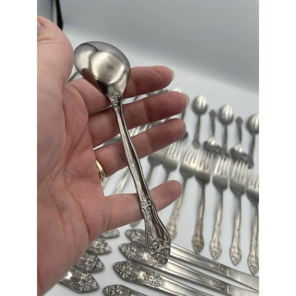 Vtg. 41 Piece Rogers Co. Japan Stainless Flatware Rose Pattern Knife Fork Spoon